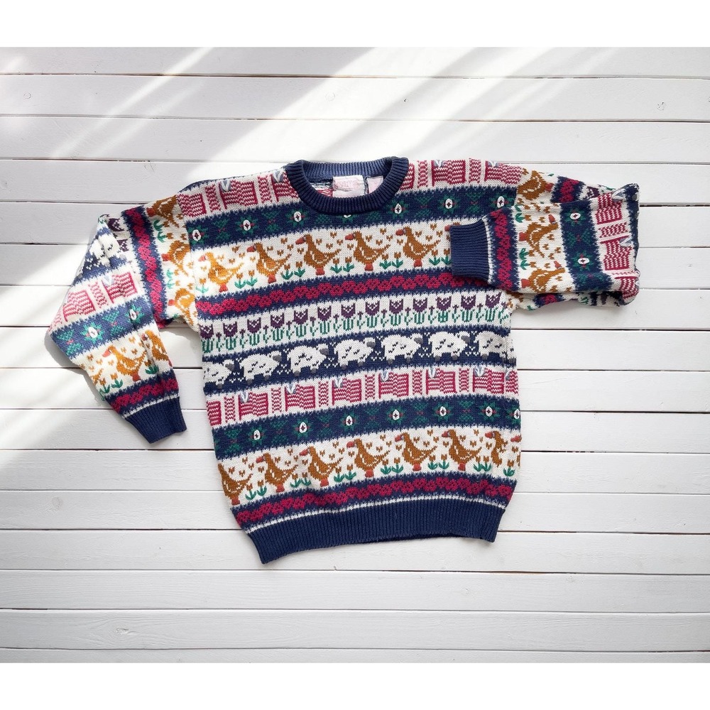 vtg Ashley cottagecore duck sheep tulip‎ sweater size M